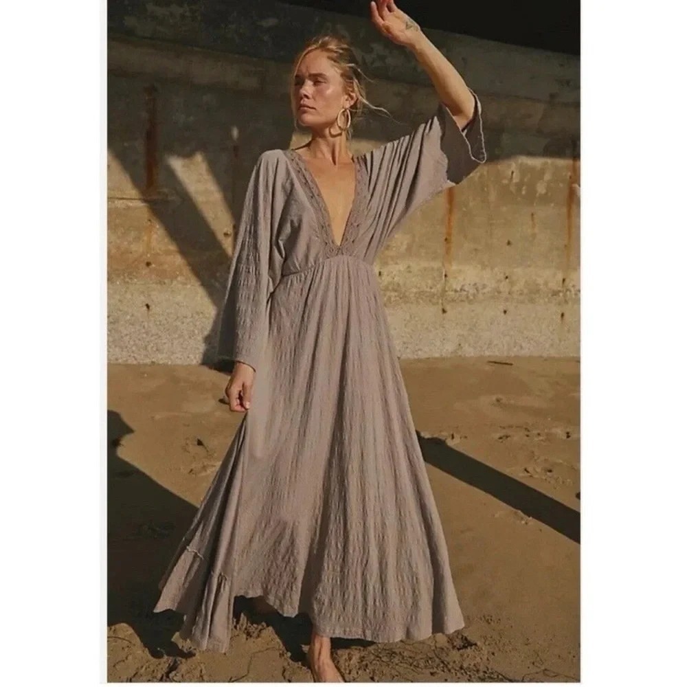 Free People FP Beach Eliza Maxi Dress Size Small Taupe Plunge V Neck Long Sleeve